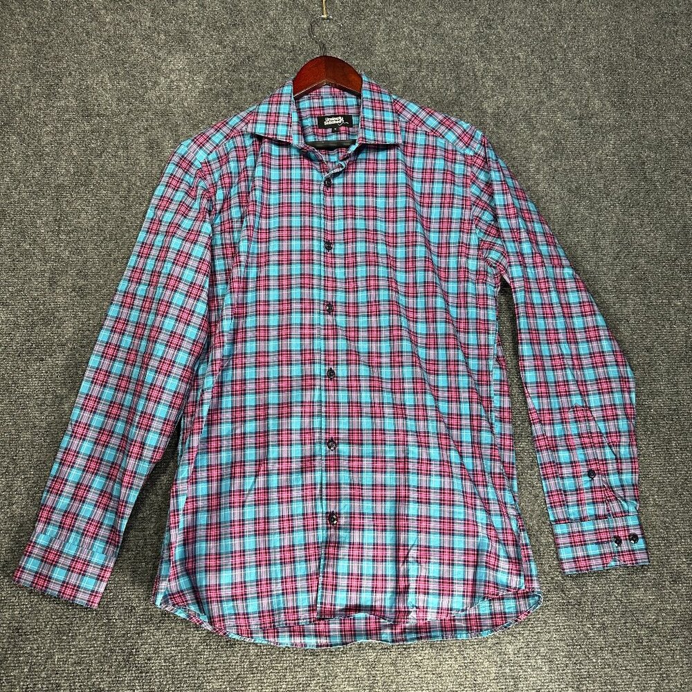 Unsimply Stitched Shirt Mens Medium Blue Pink Plaid Cotton Long Sleeve Button Up